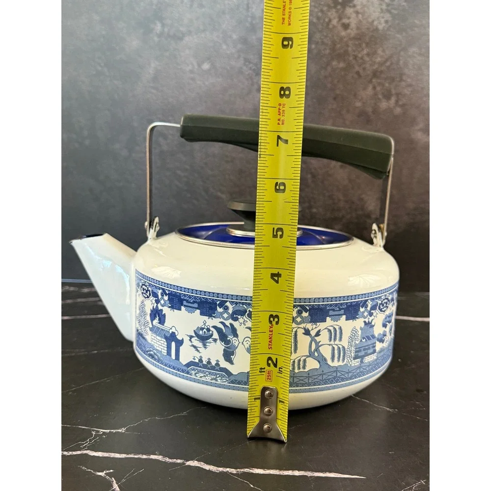 Vintage 1960s Howard Holt Blue Willow Tea Kettle Porcelainized Steel